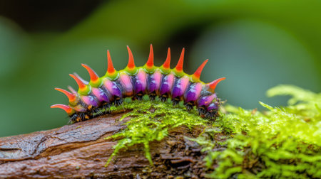 Macro close-up of caterpillar with vivid hues and sharp spines, clinging to a mossy stick in the wildの素材