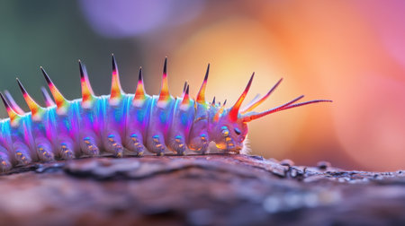 Macro photography of caterpillar featuring rainbow hues and menacing spines, set against blurred woodlandの素材