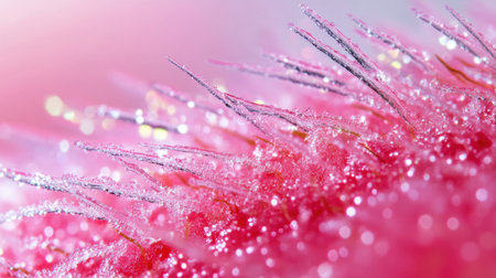 Macro photography of raspberry surface with sparkling ice granules and delicate hair textures under magnificationの素材