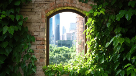 Lush greenery encircles an old window with urban high-rises visible in the distance.の素材