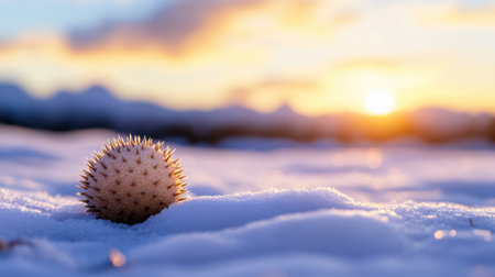 Minimalist winter composition with tan spiked orb on snow, sunset glow in the backgroundの素材