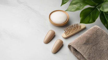 Manicure and pedicure results, woman neat nails with spa accessories on light grey surfaceの素材