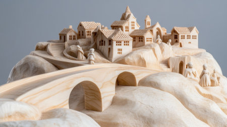 Masterfully carved village landscape in sandstone tones, showing paths, homes, and figuresの素材
