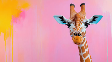 Modern art giraffe with vivid paint drips running down its neck, bright colors popの素材