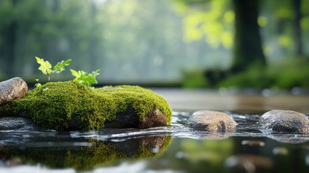 Nature detail of moss-covered stones with flowing water, peaceful forest backdropの素材