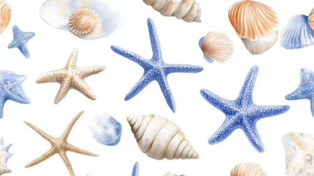 Nautical watercolor seamless with ocean finds in muted tones of beige and blueの素材