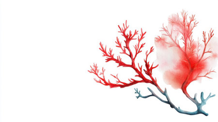 Ocean reef collection painted in watercolor, vivid coral branches with white space for design useの素材