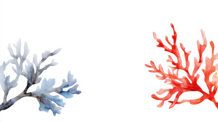 Ocean reef collection painted in watercolor, vivid coral branches with white space for design useの素材