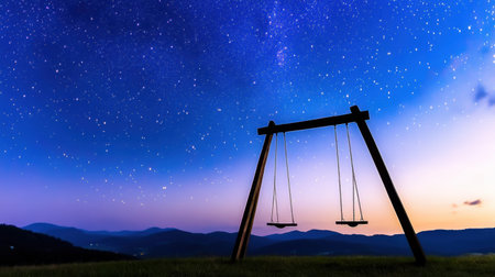 Night sky explodes with stars as a swing set stands in peaceful silhouetteの素材