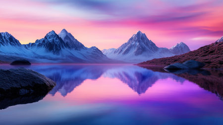 Peaceful alpine landscape at daybreak, with still waters and colorful sunrise reflectionsの素材