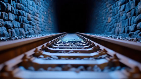 Perspective shot inside an old stone railroad tunnel, rails gleaming and fading into pitch blackの素材