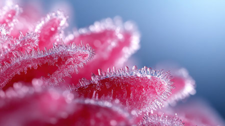 Red raspberry macro with icy coating, surface hairs and subtle textures brought to life in vivid clarityの素材