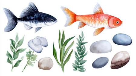 Playful fish illustrations in watercolor with ocean plants, corals, and marine stonesの素材