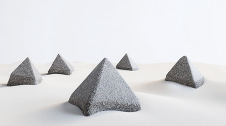 Pyramidal stones on soft grey sand, minimalist landscape resembling an alien moon untouched surfaceの素材