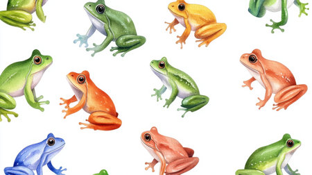 Playful watercolor frog illustrations arranged in seamless pattern with white backgroundの素材