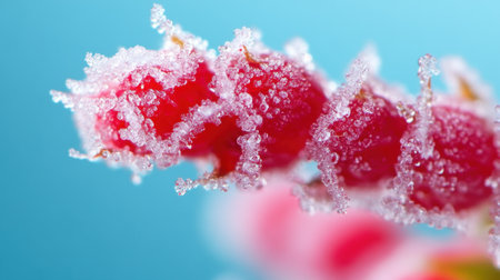 Raspberry in extreme macro, highlighting crystallized frost and micro hairs between its plump drupeletsの素材