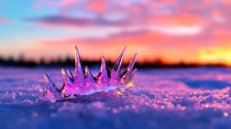 Prickly shape rests in snow with vibrant sunset sky reflecting faintly in icy crystalsの素材