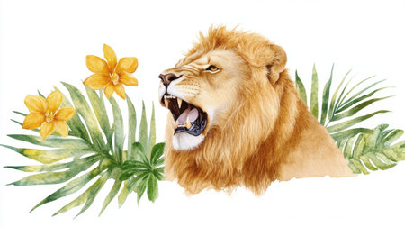 Roaring lion in watercolor with lush palm, monstera, and floral yellow orchid elementsの素材