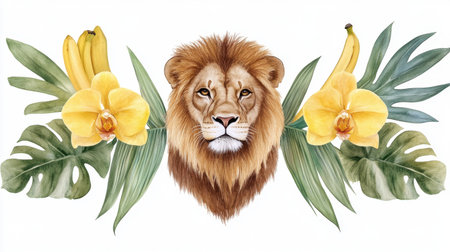 Regal lion watercolor framed with yellow orchids, monstera, and banana leaves in tropical styleの素材