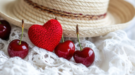 Red heart on white lace, soft cherries and a straw hat set in a gentle warm lightの素材
