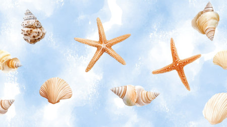Repeating marine watercolor pattern with beach-themed shells, starfish, and texturesの素材