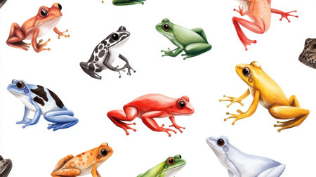Playful watercolor frog illustrations arranged in seamless pattern with white backgroundの素材