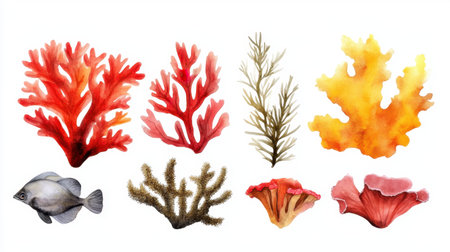 Red and yellow coral watercolor set, marine-themed botanical clipart isolated with artistic brush detailsの素材