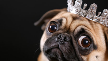 Regal pug close-up with glossy eyes and a detailed silver crown, dark studio toneの素材