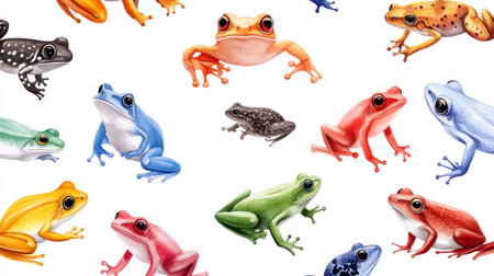 Seamless white pattern with playful watercolor frogs in various tropical species and colorsの素材