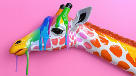 Sculpted giraffe drenched in dripping acrylic rainbows, playful and surreal styleの素材