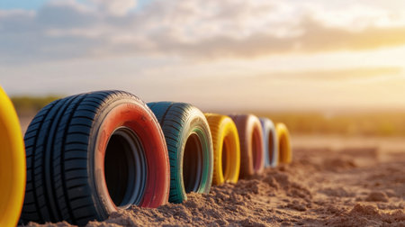 Row of colorful tires forming a wall in dusty desert terrain, sun setting behind casting dramatic shadowsの素材