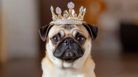 Royal pug in a shining silver crown sitting against a soft-focus dark brown backdropの素材