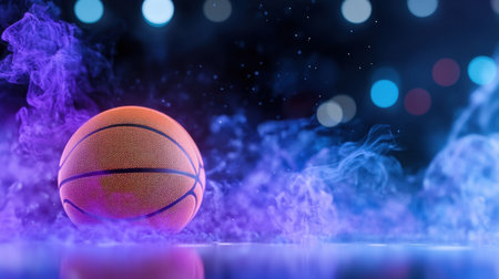 Ball centered in neon smoke burst, basketball energy theme in abstract backgroundの素材