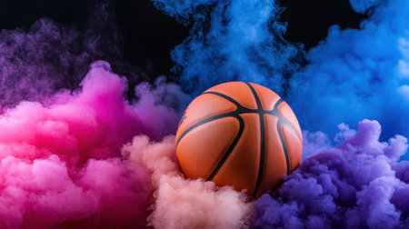 Basketball surrounded by vibrant colored smoke clouds on a dramatic dark backdropの素材