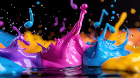 Bold pop-style color flow with splashes and waveforms representing musical beatsの素材