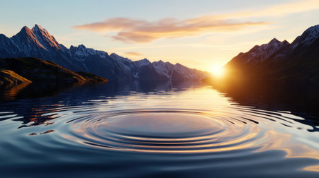 Early sunrise over tranquil alpine lake, golden light touching mountain ridges and still waterの素材