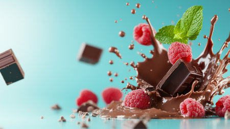 Frozen moment of chocolate splash, mint and raspberries dancing on pastel blue gradientの素材