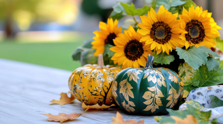 Hand-painted pumpkins, leaves, and golden sunflower arrangement for Thanksgiving decorの素材