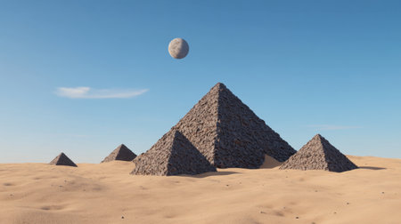 Lunar desert setting with dark grey pyramid-like rocks rising from an undisturbed sandy expanseの素材