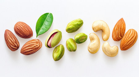 Healthy snack concept in watercolor, nut set with pistachio, almond, and cashew varietiesの素材