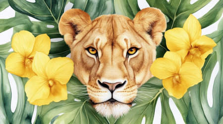 Lion face portrait in watercolor style with banana leaves and yellow orchids in lush jungle settingの素材