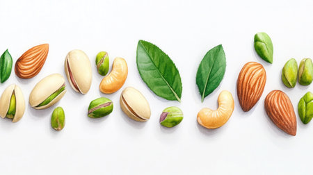 Hand-painted nut collection, watercolor illustration of natural almonds, pistachios, and cashew nutsの素材