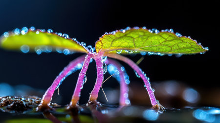 Macro photography of a single seedling, dew-speckled leaves and fibrous root system illuminated under natural lightの素材