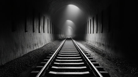 Moody photograph of a train track entering a long tunnel, perfect linear composition and atmospheric depthの素材