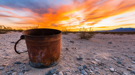 Old rust bucket in barren landscape, dramatic colors of desert sunset overheadの素材