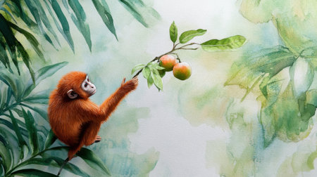 Monkey reaching for fruit on a branch, tropical forest watercolor backdropの素材