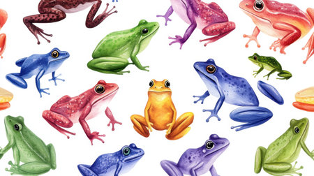 Seamless white pattern with playful watercolor frogs in various tropical species and colorsの素材