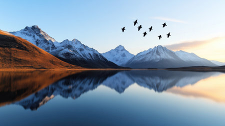 Reflective lake mirrors birds flying over sun-kissed mountain ridgesの素材