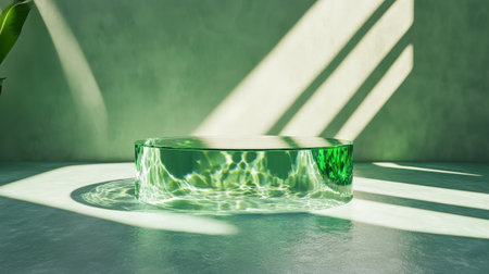 Floating curved glass design over minimal light green water-inspired surfaceの素材