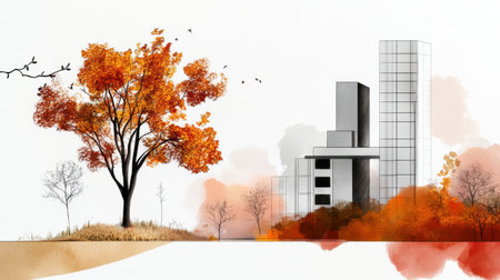 Creative architectural sketch against an abstract backdrop and rich autumn sceneryの素材